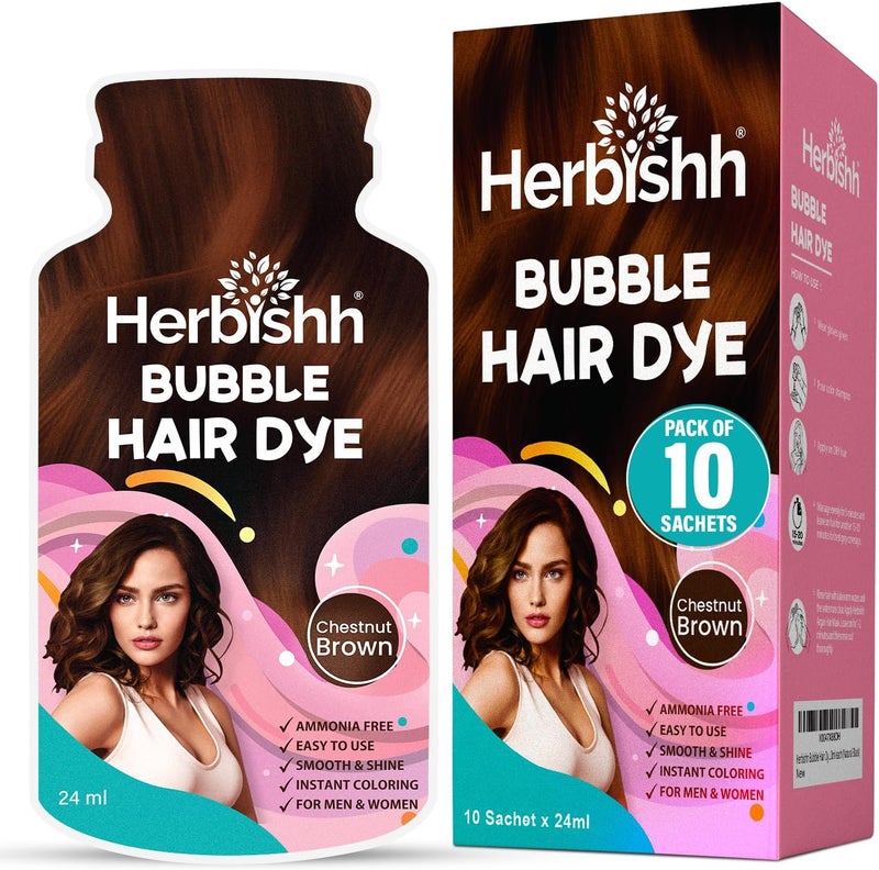 Herbishh Bubble Foam Hair Dye Shampoo - Chestnut Brown, 10 Sachets x 24ml - Image 1