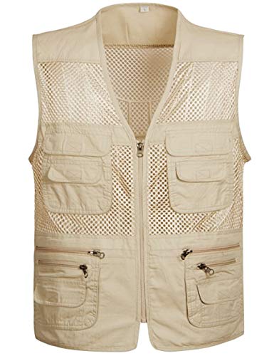 Locachy Men's Summer Outdoor Work Safari Hiking Travel Photo Fishing Vest with Pockets Beige-Mesh L - Image 1