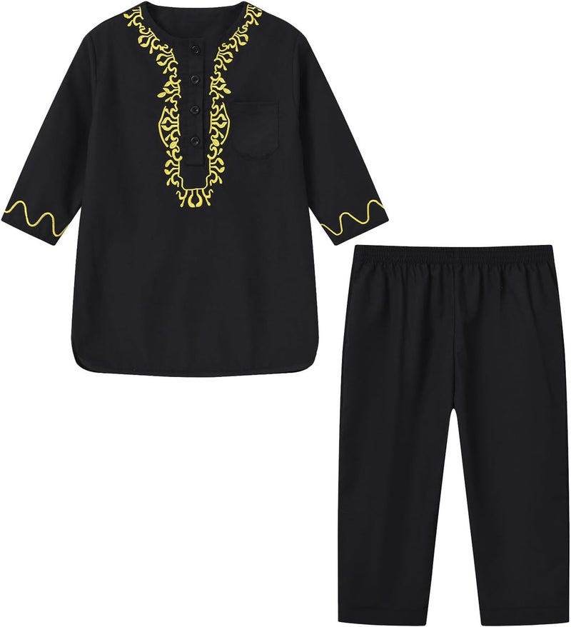 Thobe Boys Muslim Kaftan Long Sleeve Islamic Abaya Bag Arabic Dubai Children's Prayer Clothing Robe Plain Embroidery A2 - Image 1