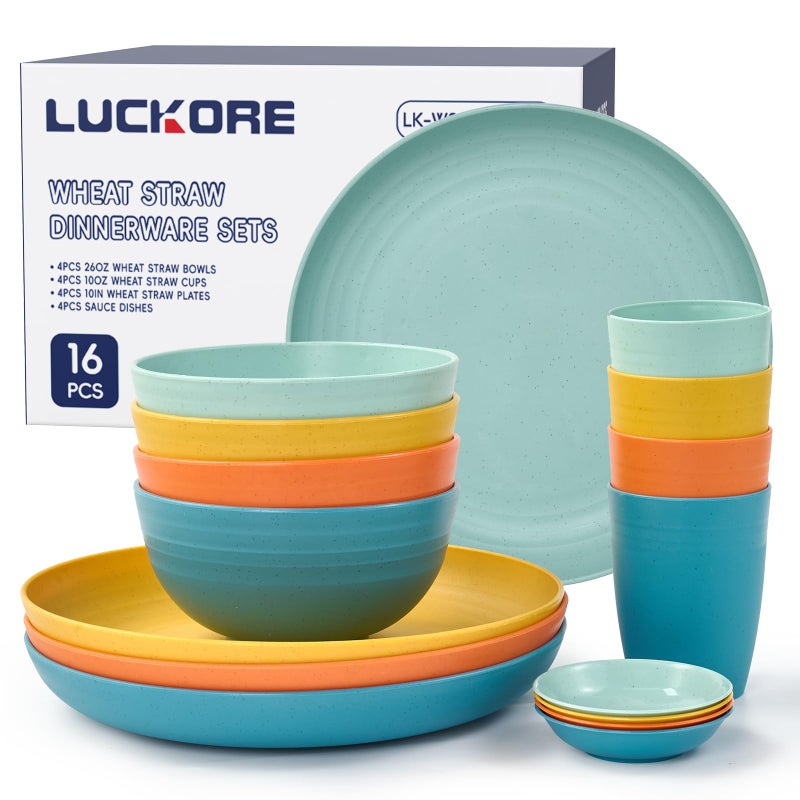 Luckore Wheat Straw Dinnerware Sets 16 PCS - Unbreakable Reusable Dinnerware Dishes Dessert Plates, Cereal Bowls, Drinking Cups, Sauce Dishes, Microwave Dishwasher Safe Plates Bowls Sets for Kitchen - Image 1