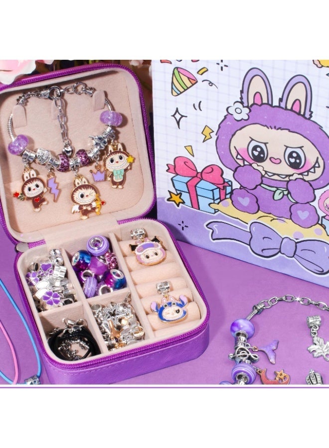 ILovhaprty Labubu DIY Jewelry Making Kit for Girls – 73 PCS Purple Scheme Charm Bracelet & Necklace Set with Beads, Pendants, Storage Box & Gift Bag, Cute Cartoon Craft Kit for Kids Birthday Party Gifts - Image 3