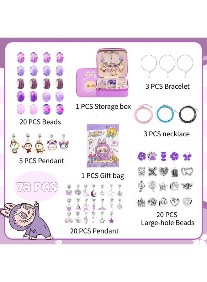 ILovhaprty Labubu DIY Jewelry Making Kit for Girls – 73 PCS Purple Scheme Charm Bracelet & Necklace Set with Beads, Pendants, Storage Box & Gift Bag, Cute Cartoon Craft Kit for Kids Birthday Party Gifts - Image 2