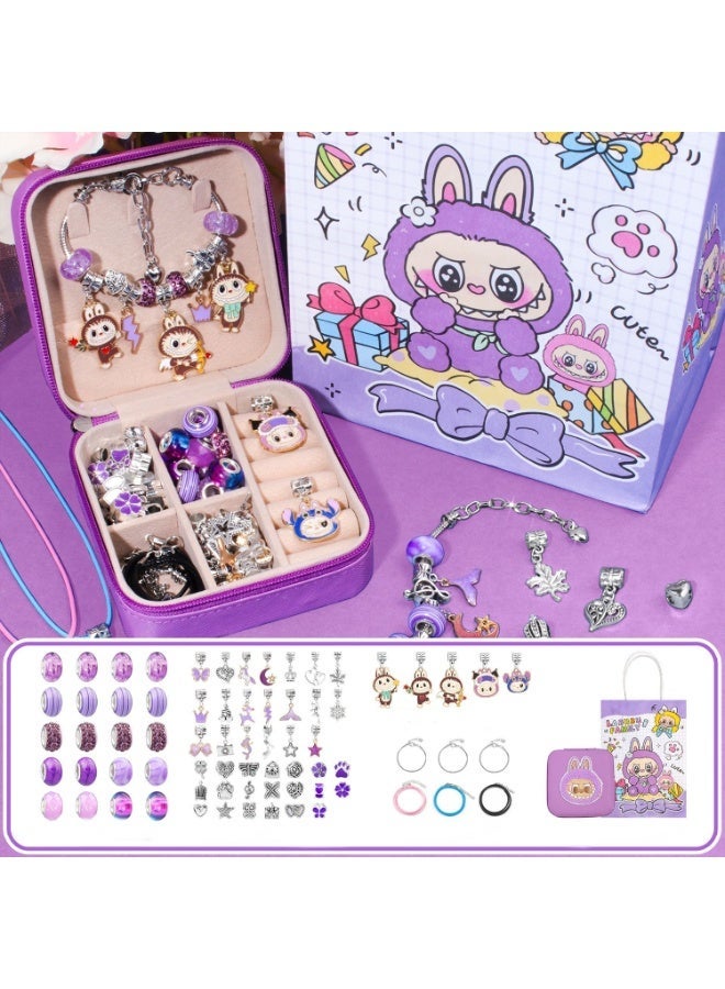 ILovhaprty Labubu DIY Jewelry Making Kit for Girls – 73 PCS Purple Scheme Charm Bracelet & Necklace Set with Beads, Pendants, Storage Box & Gift Bag, Cute Cartoon Craft Kit for Kids Birthday Party Gifts - Image 1