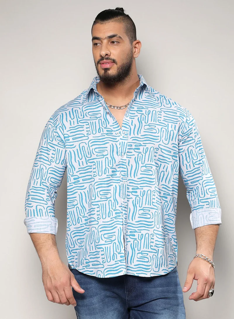 انستافاب بلس قميص رجالي أزرق بخطوط متباينة من قطن السلب، ياقة سبيد، أكمام طويلة، إغلاق بالأزرار، مقاس مريح للارتداء اليومي