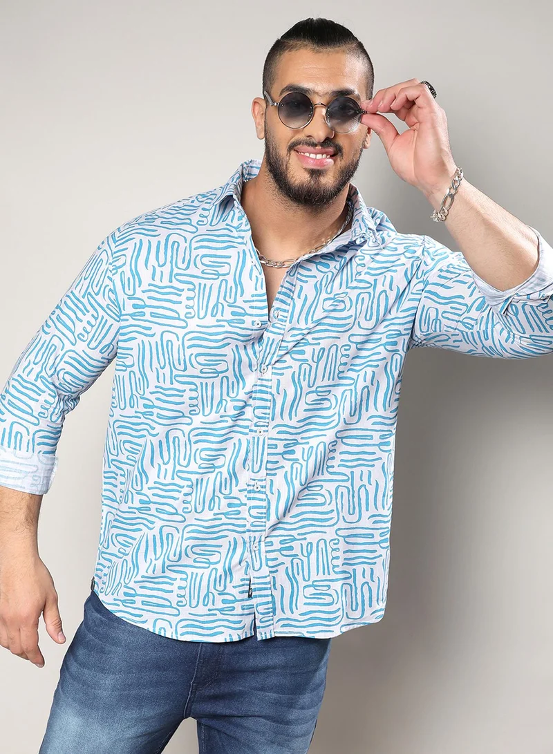 انستافاب بلس قميص رجالي أزرق بخطوط متباينة من قطن السلب، ياقة سبيد، أكمام طويلة، إغلاق بالأزرار، مقاس مريح للارتداء اليومي