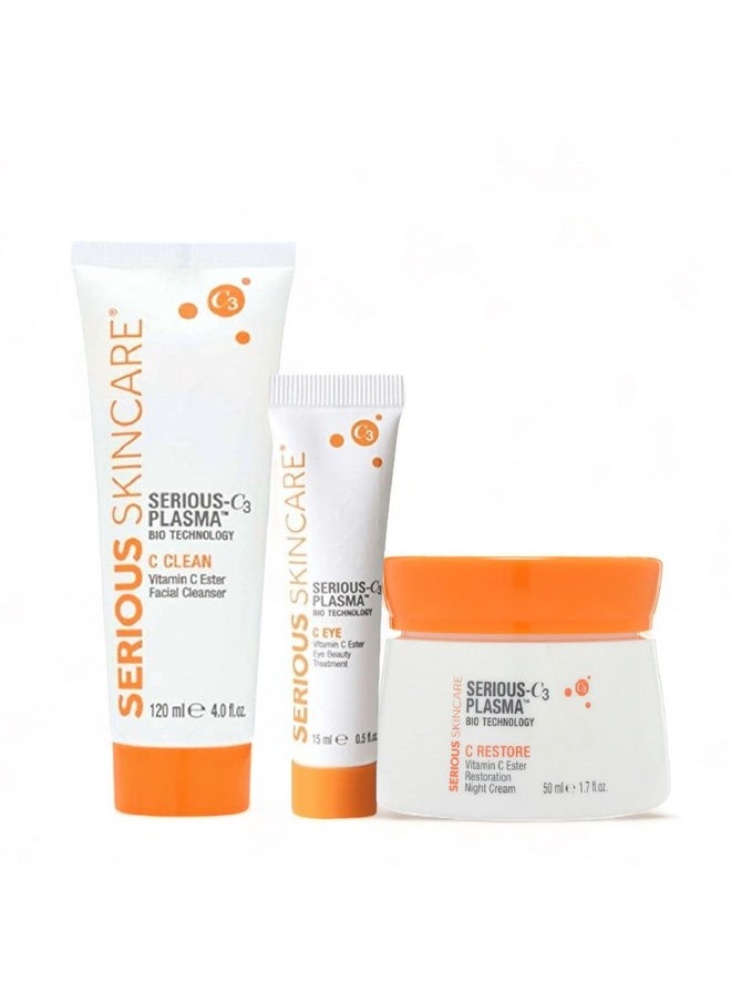 سيريوس سكين كير Serious Skincare - Serious C3 Vitamin C Plasma Night Trio Set - كريم الليل C-Restore، علاج تجميل العيون C ومنظف الوجه C Clean - الخطوط الدقيقة، البشرة الجافة الناضجة - بشرة أكثر نعومة وإشراقًا  - Image 1