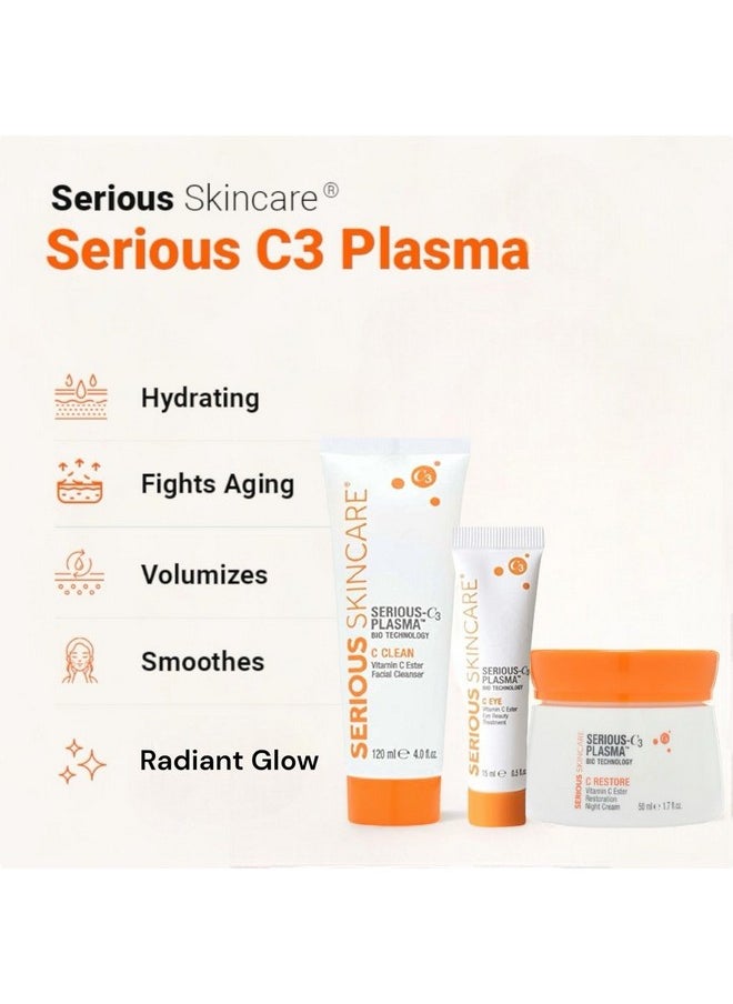 سيريوس سكين كير Serious Skincare - Serious C3 Vitamin C Plasma Night Trio Set - كريم الليل C-Restore، علاج تجميل العيون C ومنظف الوجه C Clean - الخطوط الدقيقة، البشرة الجافة الناضجة - بشرة أكثر نعومة وإشراقًا  - Image 2