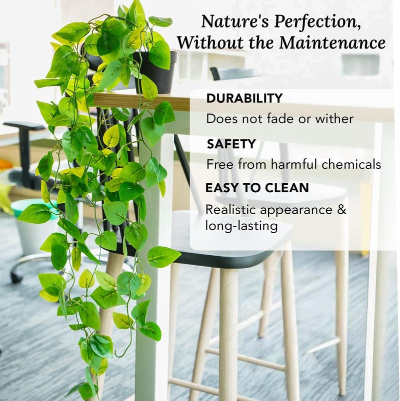 Ekhasa Golden Pothos Hanging Artificial Plants with Pot (Set of 2) | Money Plant Artificial Hanging Plants for Home Decor | Falling Creepers Climbers Green Fake Vines with Hanging Pots (Devil's Ivy) - Image 5