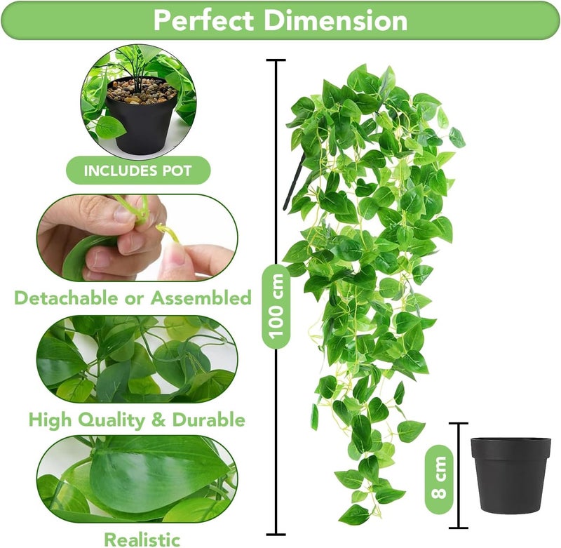 Ekhasa Golden Pothos Hanging Artificial Plants with Pot (Set of 2) | Money Plant Artificial Hanging Plants for Home Decor | Falling Creepers Climbers Green Fake Vines with Hanging Pots (Devil's Ivy) - Image 4