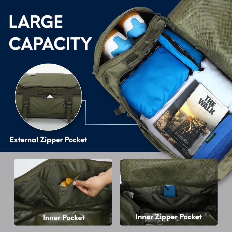 Haimont Large Duffle Backpack Bag for Men Travel, Heavy Duty Duffel Bags with Shoes Compartment for Long Trip, Camping, Water-resistant, 90L, Army Green - Image 4