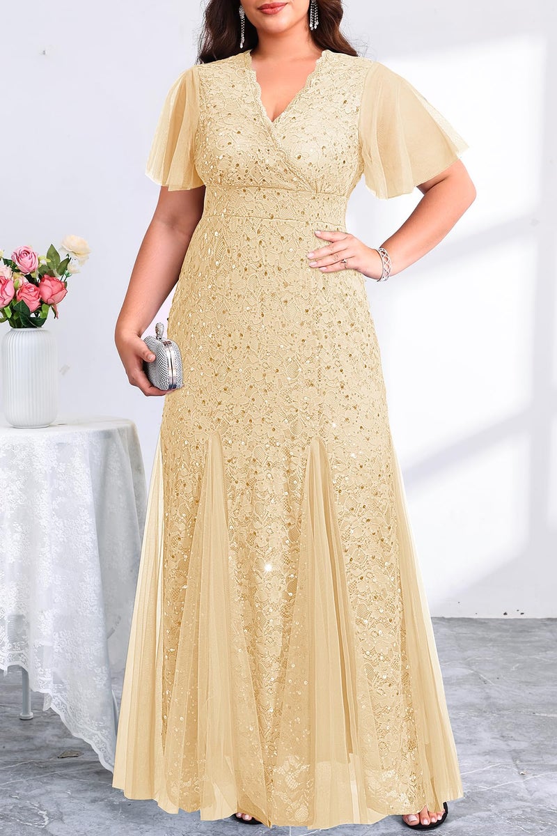 Talisea Champagne Dress for Women Plus Size Formal Gowns Gold Sequin Bridesmaid Mother of The Bride Wedding Guest Long Dress - Image 2