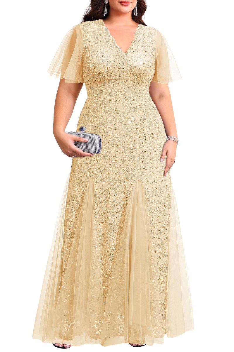 Talisea Champagne Dress for Women Plus Size Formal Gowns Gold Sequin Bridesmaid Mother of The Bride Wedding Guest Long Dress - Image 1