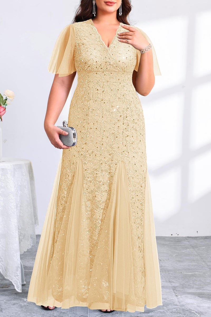 Talisea Champagne Dress for Women Plus Size Formal Gowns Gold Sequin Bridesmaid Mother of The Bride Wedding Guest Long Dress - Image 4