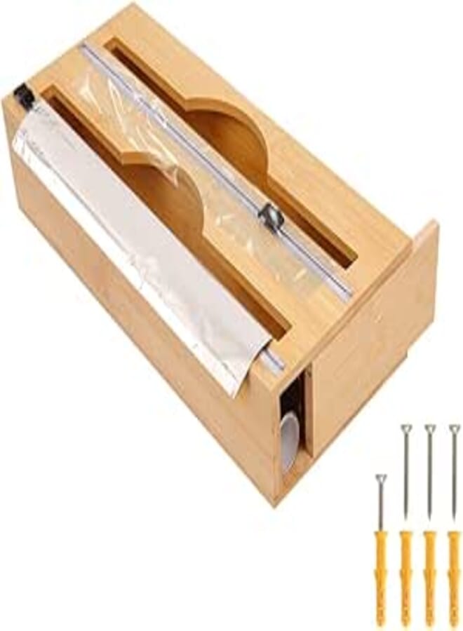 PRATIQUE Bamboo Wood Wrap Dispenser with Slide Cutter, 2 Roll Organizer Holder, Countertop Mounting, Brown