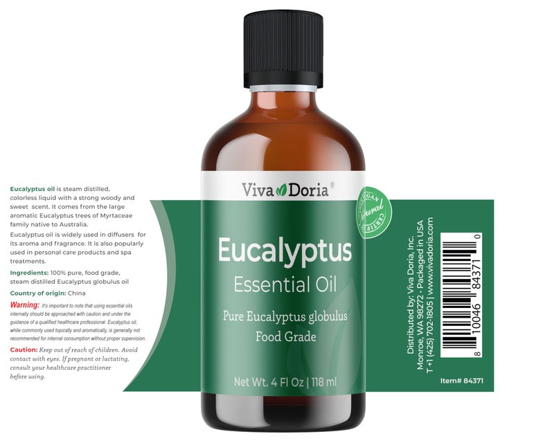 Viva Doria Pure Eucalyptus Globulus Essential Oil, Food Grade, 4 Fl Oz (118 ml)