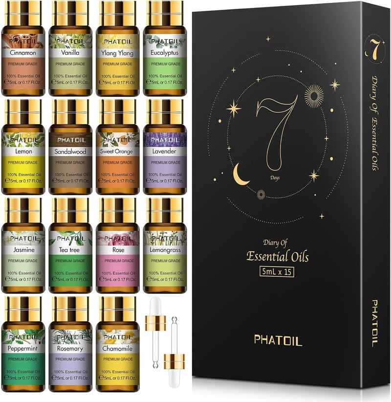 مجموعة هدايا الزيوت الأساسية 15 قطعة - زيوت أساسية عالية الجودة للروائح، اليوغا، المنزل، المكتب، وصنع الصابون والشموع - 5 مل/زجاجة