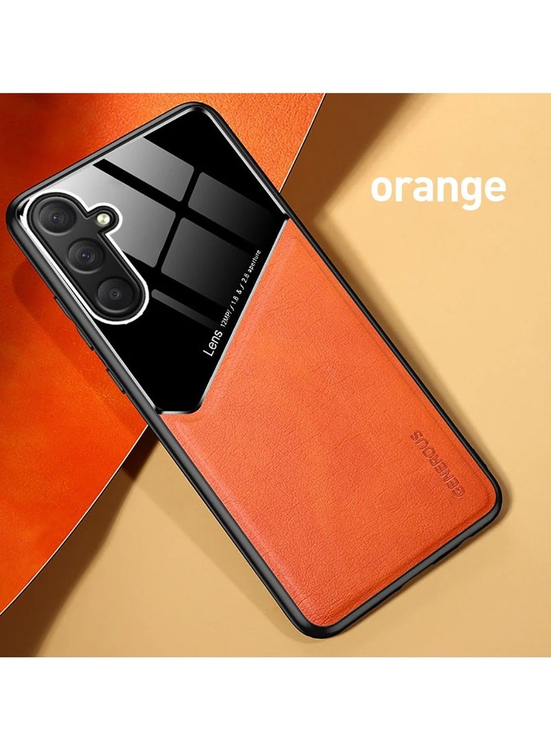 Case Compatible With Samsung Galaxy S23 Fe Cover Luxury Leather And Glass With Car Magnetic Holder Phone Cover Soft Frame Silicone (Orange) - Image 1