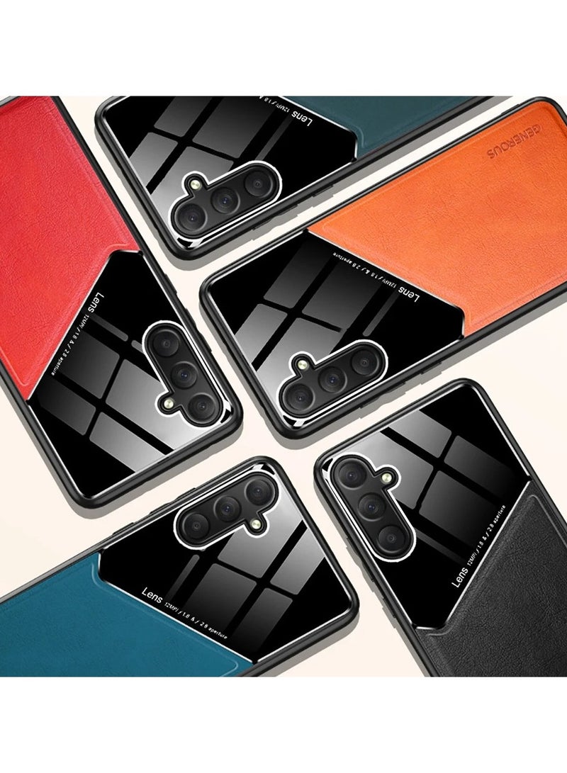 Case Compatible With Samsung Galaxy S23 Fe Cover Luxury Leather And Glass With Car Magnetic Holder Phone Cover Soft Frame Silicone (Orange) - Image 5