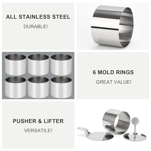 Ismosm 6 Pack Cake Ring Molds with 1 Pusher 1 Lifter, 3 Inch Seamless Mini Cheese Cake Cutter Ring Set, Stainless Steel Mini Food Mold for Mousse, Food Plating, Cookies, Baking (Round) - Image 4