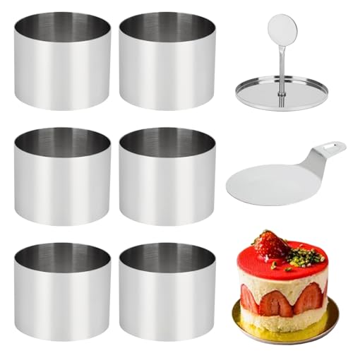 Ismosm 6 Pack Cake Ring Molds with 1 Pusher 1 Lifter, 3 Inch Seamless Mini Cheese Cake Cutter Ring Set, Stainless Steel Mini Food Mold for Mousse, Food Plating, Cookies, Baking (Round) - Image 1