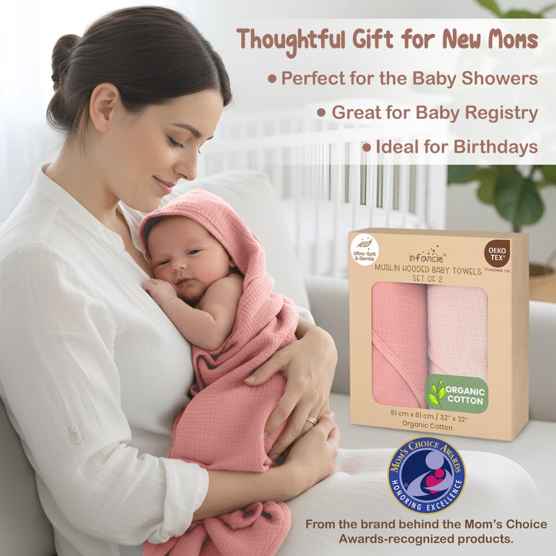 infancie 100% Organic Cotton Muslin Baby Hooded Towels 32x32 Inch â€“ 2 Pack Soft & Absorbent Baby Towels for Newborn for Boys & Girls, Premium Hooded Towels, Ultra-Gentle Baby Essentials in Rose/Peach - Image 5