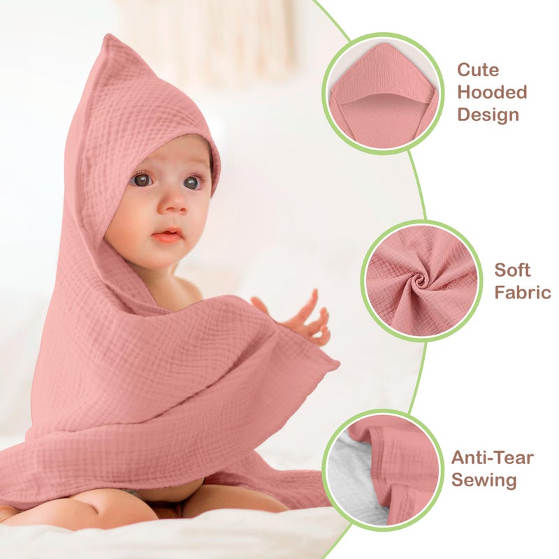 infancie 100% Organic Cotton Muslin Baby Hooded Towels 32x32 Inch â€“ 2 Pack Soft & Absorbent Baby Towels for Newborn for Boys & Girls, Premium Hooded Towels, Ultra-Gentle Baby Essentials in Rose/Peach - Image 4