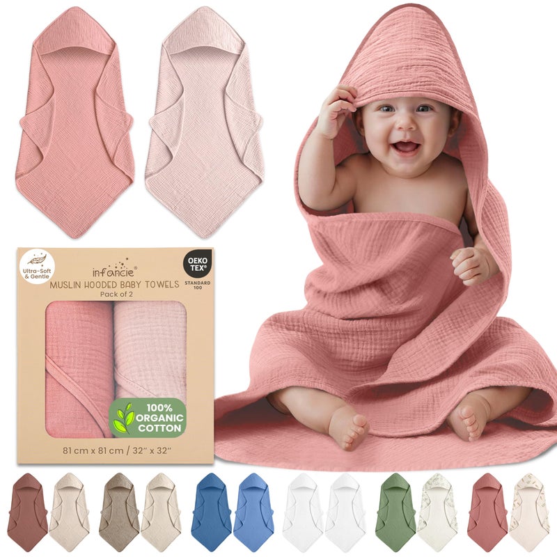 infancie 100% Organic Cotton Muslin Baby Hooded Towels 32x32 Inch â€“ 2 Pack Soft & Absorbent Baby Towels for Newborn for Boys & Girls, Premium Hooded Towels, Ultra-Gentle Baby Essentials in Rose/Peach - Image 1