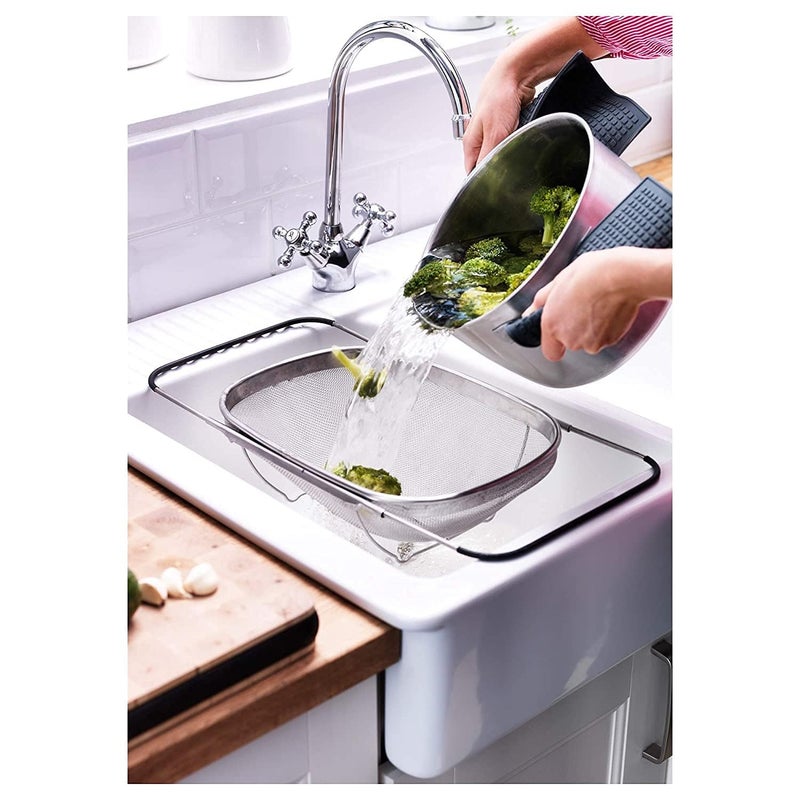 Krivon Over The Sink Colander Strainer Basket Stainless Steel for Kitchen Sink with Rubber Grip Fine Mesh Large Kitchen Gadgets Tools Expandable Sink Strainer Home Kitchen Essentials - Image 5