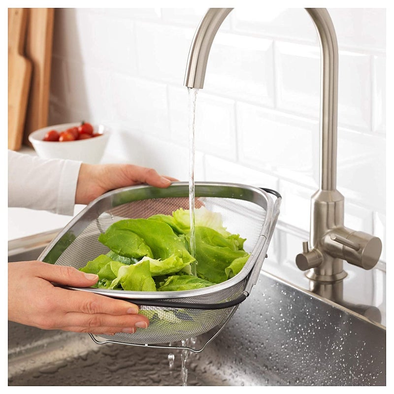 Krivon Over The Sink Colander Strainer Basket Stainless Steel for Kitchen Sink with Rubber Grip Fine Mesh Large Kitchen Gadgets Tools Expandable Sink Strainer Home Kitchen Essentials - Image 2