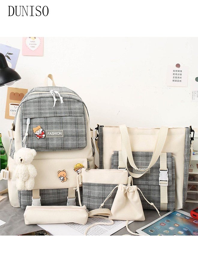DUNISO 5PCS Kids School Backpack Set Canvas Laptop School Bag Sets for Kids with Tote Bag,Shoulder Bag,Pencil Box,Small Bag ,Large-capacity Bookbag for Girls Boys Back to School Supplies  - Image 3