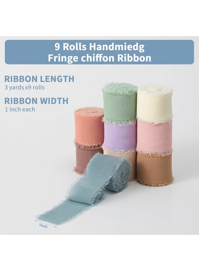 CRTWDMAN 1" x 27 Yd Chiffon Ribbon Mixed Color Ribbons Set 9 Rolls Handmade Fringe Fabric for Wedding Invitations Bridal Bouquets DIY Crafts Home Decor Bow Making(9 Rolls*3Yd) - Image 2