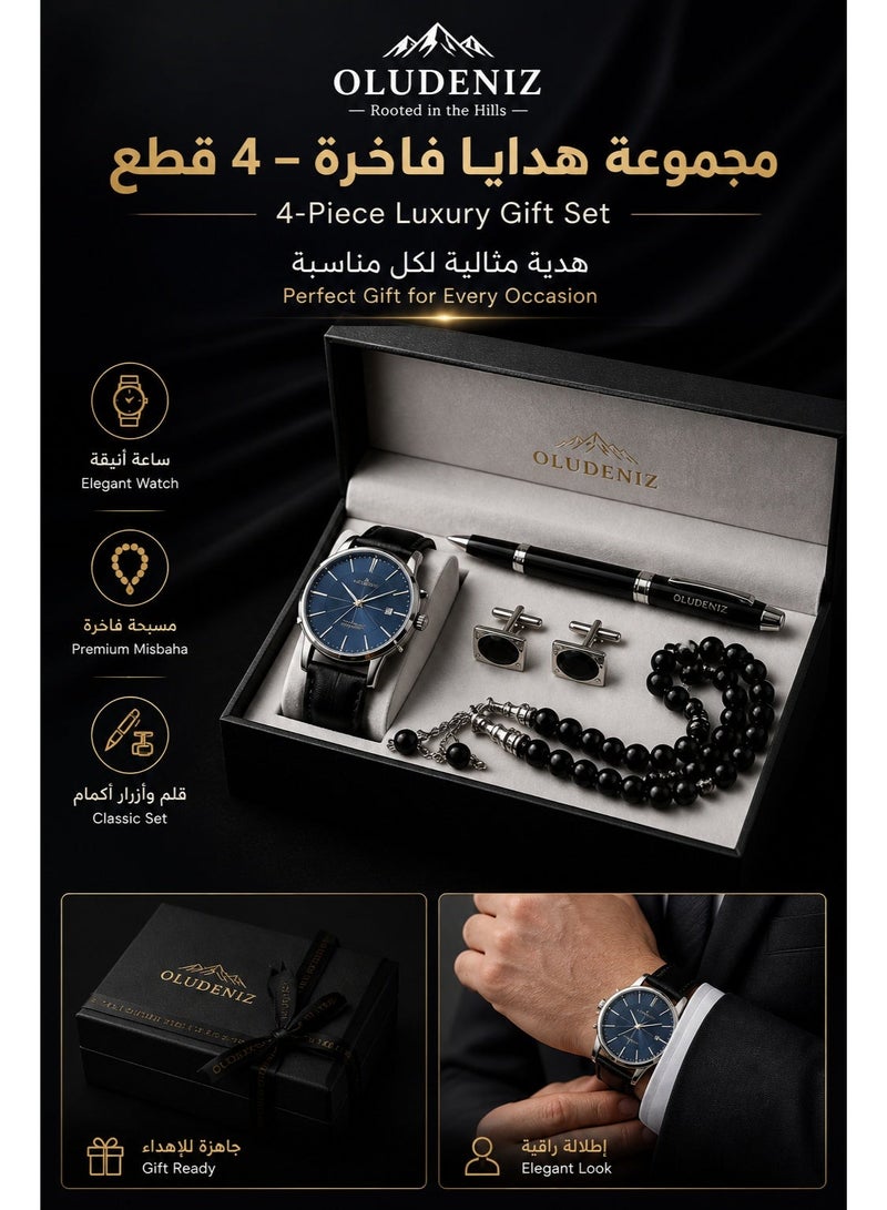 OLUDENIZ Men’s Classic Business Gift Set – Blue Dial Watch, Black Misbaha, Pen & Silver Cufflinks in Elegant Black Box - Image 1