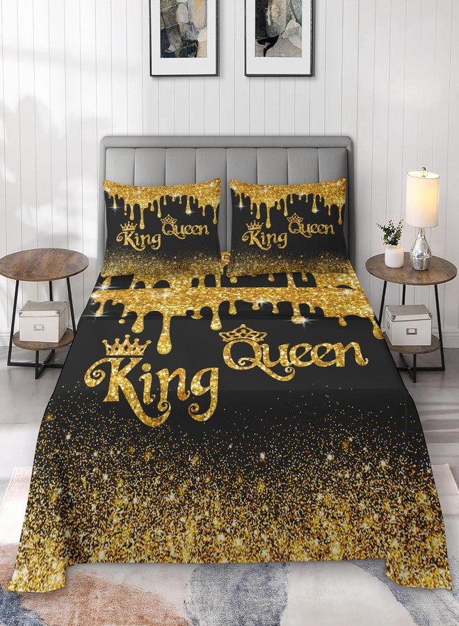 Pamnest Full Size Bed Sheet Sets, King Queen Black Gold Soft Microfiber 4 Pcs Bedding Sets for Kids and Adults Bedroom Bed Decor, Cup Royal Love Flat, Fitted Sheet and 2 Pillowcases - Image 3