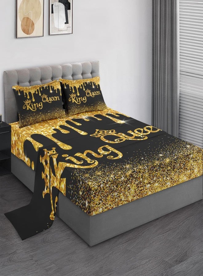 Pamnest Full Size Bed Sheet Sets, King Queen Black Gold Soft Microfiber 4 Pcs Bedding Sets for Kids and Adults Bedroom Bed Decor, Cup Royal Love Flat, Fitted Sheet and 2 Pillowcases - Image 1