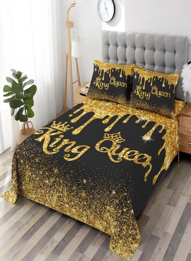 Pamnest Full Size Bed Sheet Sets, King Queen Black Gold Soft Microfiber 4 Pcs Bedding Sets for Kids and Adults Bedroom Bed Decor, Cup Royal Love Flat, Fitted Sheet and 2 Pillowcases - Image 2