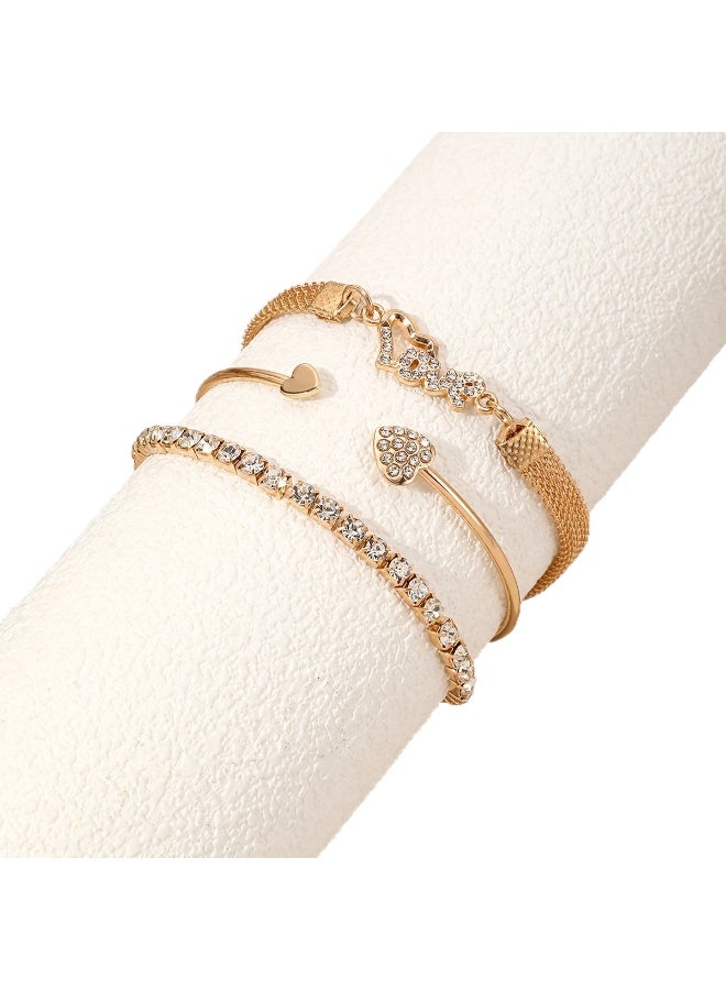 JUMEI 3PCS Gold Bracelet Set for Women, Rhinestone Heart Bangle & LOVE Charm Bracelet, Stackable Fashion Jewelry, Luxury Gift for Party Wedding Daily Wear - Image 1