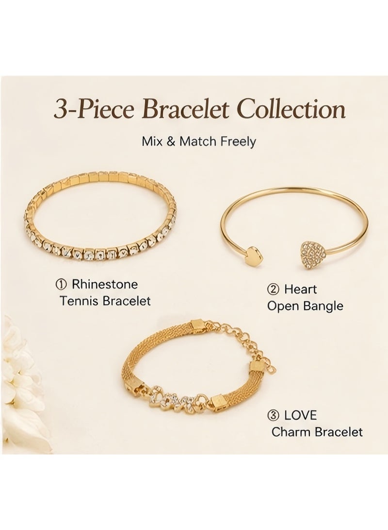 JUMEI 3PCS Gold Bracelet Set for Women, Rhinestone Heart Bangle & LOVE Charm Bracelet, Stackable Fashion Jewelry, Luxury Gift for Party Wedding Daily Wear - Image 3