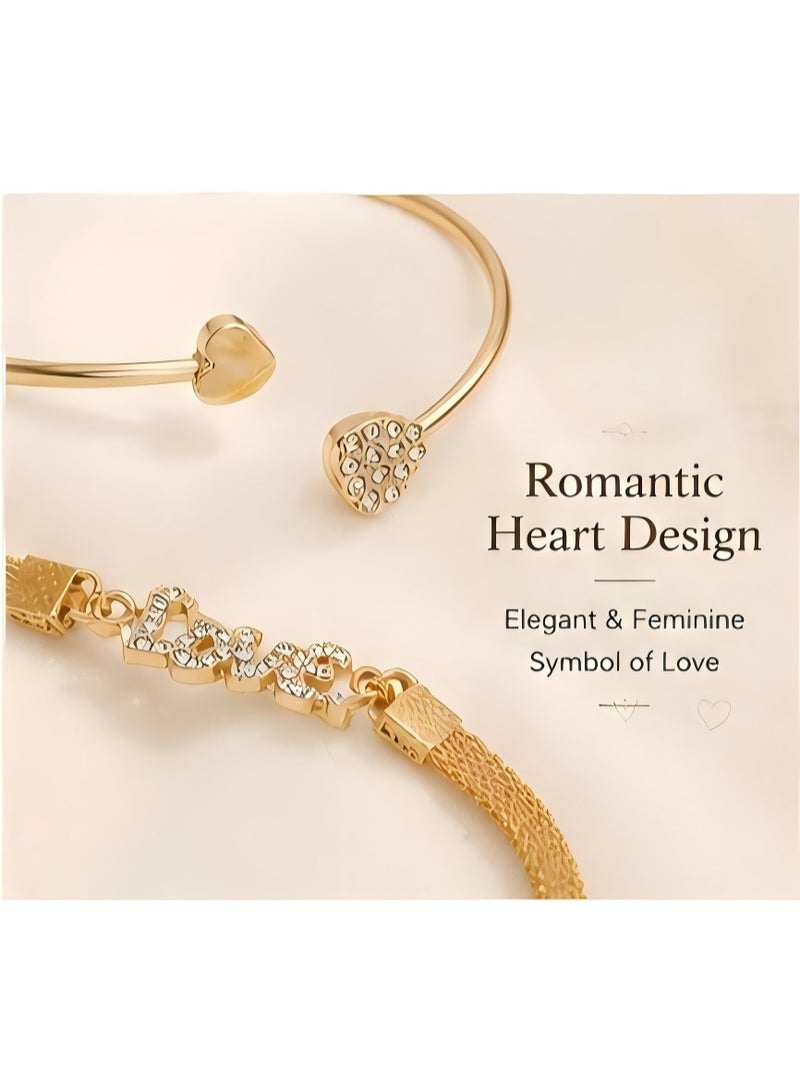 JUMEI 3PCS Gold Bracelet Set for Women, Rhinestone Heart Bangle & LOVE Charm Bracelet, Stackable Fashion Jewelry, Luxury Gift for Party Wedding Daily Wear - Image 5