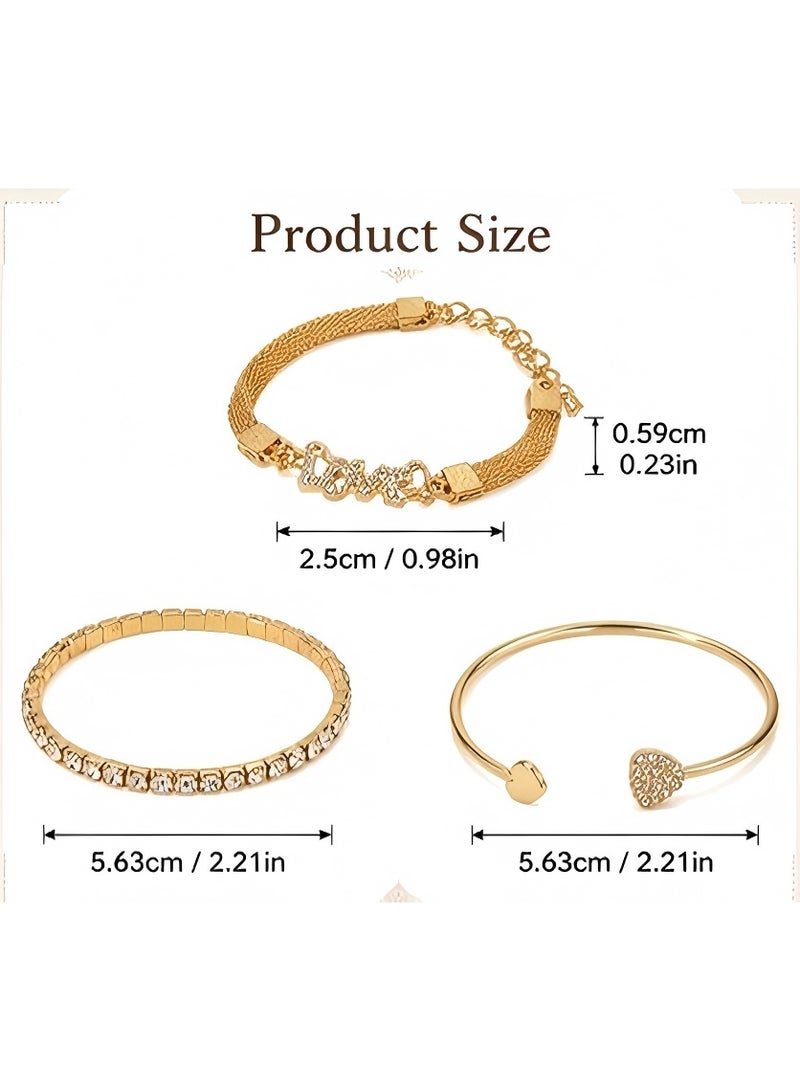 JUMEI 3PCS Gold Bracelet Set for Women, Rhinestone Heart Bangle & LOVE Charm Bracelet, Stackable Fashion Jewelry, Luxury Gift for Party Wedding Daily Wear - Image 2