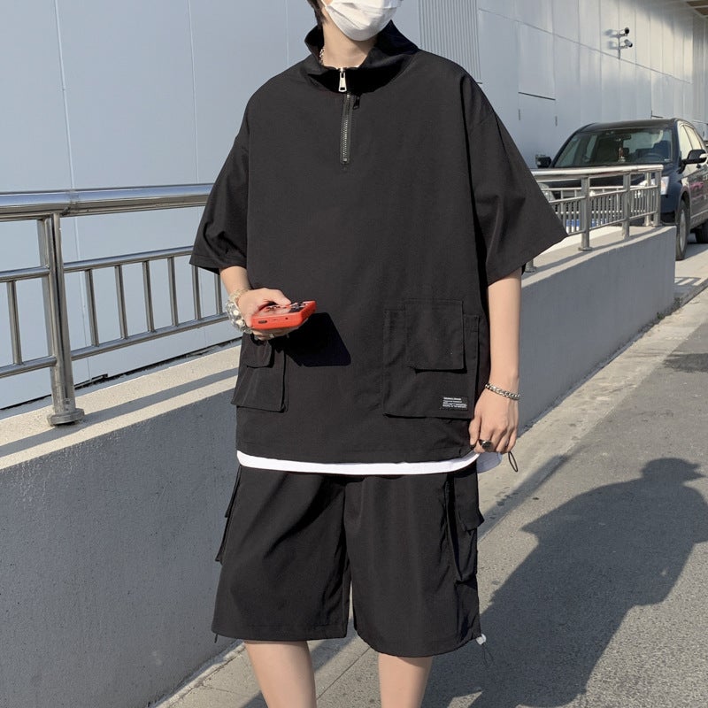 Trendy Couple Clothing Short-sleeved Zipper T-shirt suit Ripper Handsome Mens Spring and Summer Instagram Popular Brand Loose Tooling Clothes black
