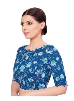 Studio Shringaar Studio Shringaar Women's Readymade Blue Cotton Block Printed Elbow Length Sleeves Saree Blouse (Blue, 40)  - Image 4