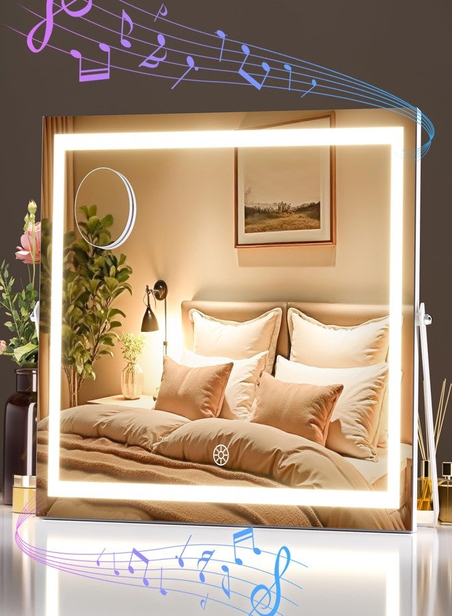 MINISO Vanity Mirror with Lights and Bluetooth Speaker, 13.8" x 11" LED Makeup Mirror, Light & Brightness Smart Sensor, 360°Rotation, Aluminum Alloy Metal White Frame, with 10X Magnifying Glass - Image 1