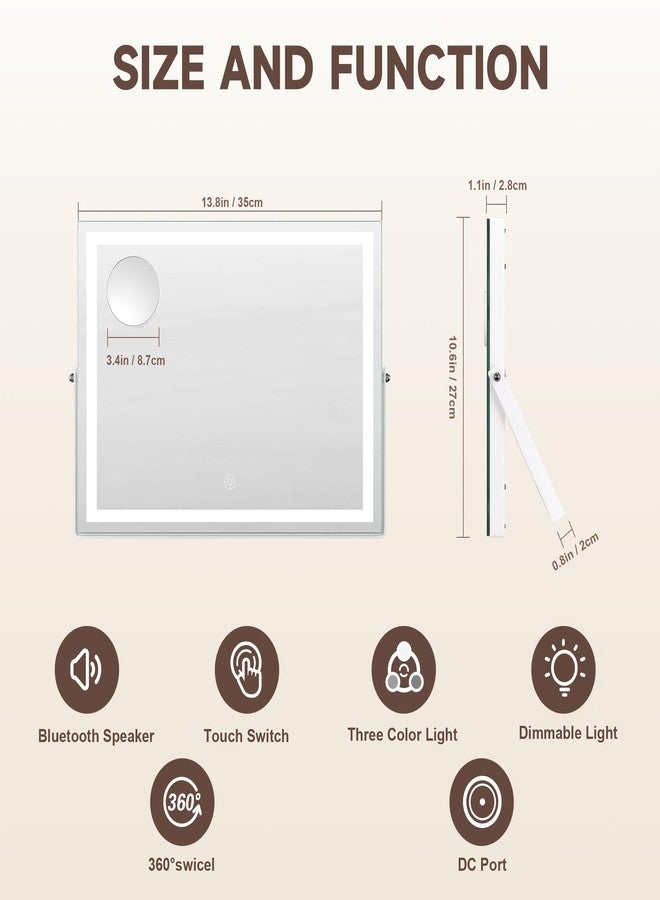 MINISO Vanity Mirror with Lights and Bluetooth Speaker, 13.8" x 11" LED Makeup Mirror, Light & Brightness Smart Sensor, 360°Rotation, Aluminum Alloy Metal White Frame, with 10X Magnifying Glass - Image 2