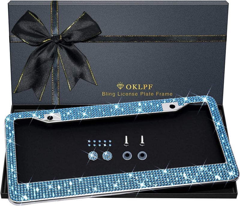 OKLPF Bling License Plate Frame for Women, Sparkly Stainless Steel License Plate Frames| Over 1200 pcs 14 Facets Bedazzled Clear Glass Diamond Rhinestone Crystals 1PCS (Light Blue) Longevity optimized build - Image 1