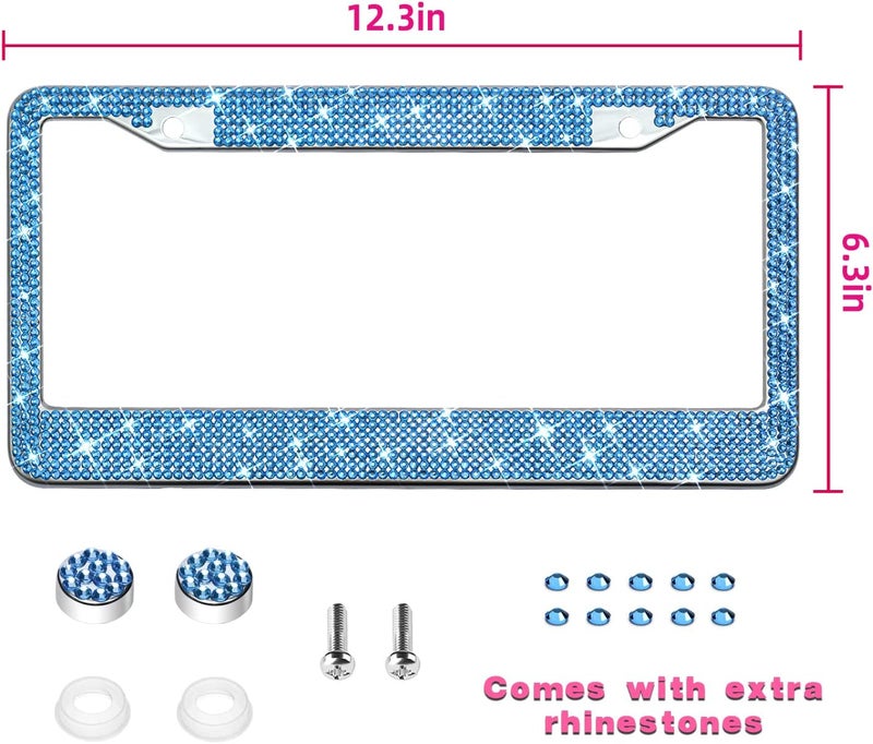 OKLPF Bling License Plate Frame for Women, Sparkly Stainless Steel License Plate Frames| Over 1200 pcs 14 Facets Bedazzled Clear Glass Diamond Rhinestone Crystals 1PCS (Light Blue) Longevity optimized build - Image 2