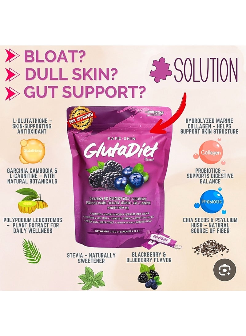 Probiotics GlutaDiet بنكهة التوت الأسود والتوت الأزرق ,يحتوي على مضادات لمكافحة الشيخوخة ويساعد على إزالة السموم ,10 أكياس * 210 جم . - Image 2