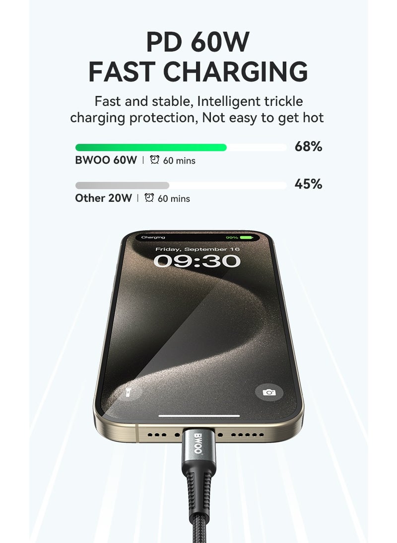 بوو كابل USB-C إلى USB-C مضفر 1 متر 60 واط للشحن والمزامنة أسود - Image 4