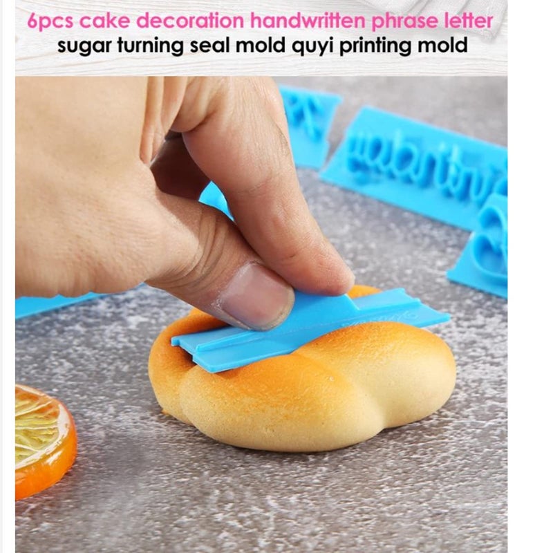 Fdit 6Pcs Words Cake Mould DIY Handwritten Letter Printed Stamp Mould Bakery Supplies Blue Baking Cake Stamp Tools - Image 2