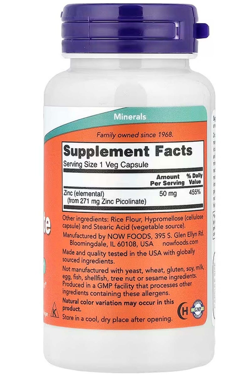 now Zinc Dietary Supplement Zinc Picolinate, 50 mg, 120 Vegetarian Capsules - Image 2