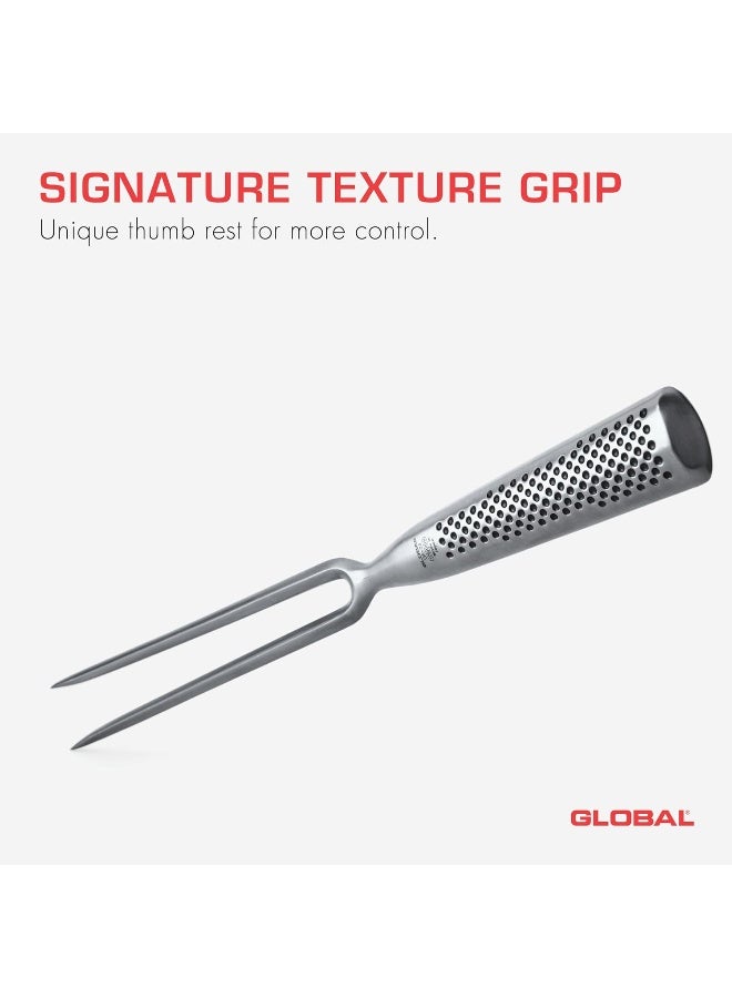 Global GF24 Carving Fork, Straight. Stainless Steel. Ergonomic Dimpled handles ensures safe grip. Perfectly Balanced. Handcrafted in Japan. - Image 5